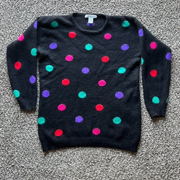 Black Chunky Sweater With Mutlicolored Polka Dots Med Lambswool Sweater Pullover - Picture 2 of 7